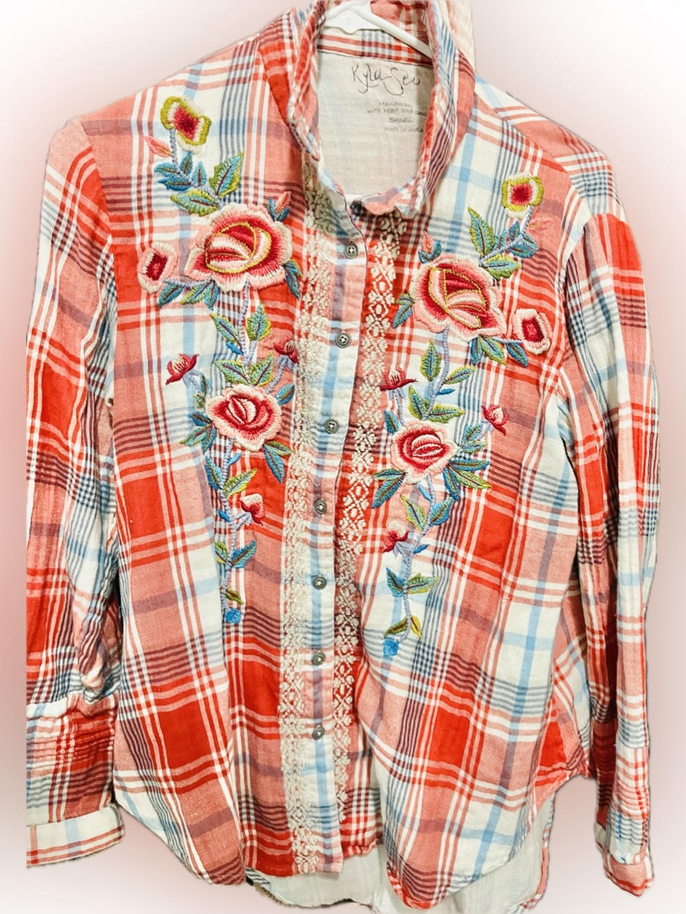 Red Plaid Embroidered Button-Down Women’s Shirt